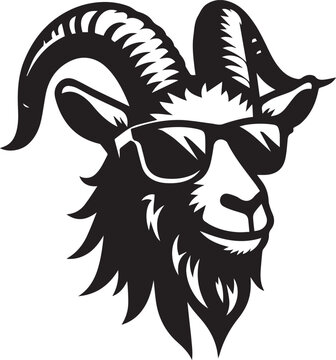 goat wearing sunglasses illustration, goat head and sunglass silhouette vector isolated on white background