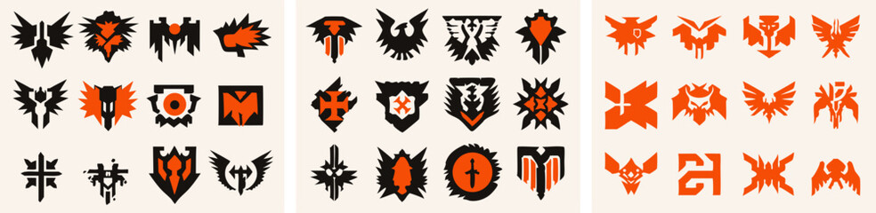Tribal Symbols Collection: A diverse collection of abstract tribal symbols, featuring geometric patterns and bold colors in black and orange hues.