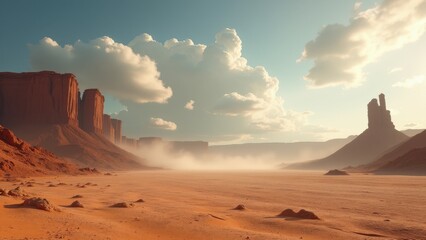 Wide desert canyon with sand trail and distant dust clouds under clear sky	