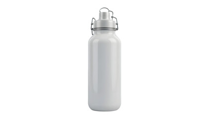 White metal water bottle with a hinged cap, standing upright and isolated on a white background