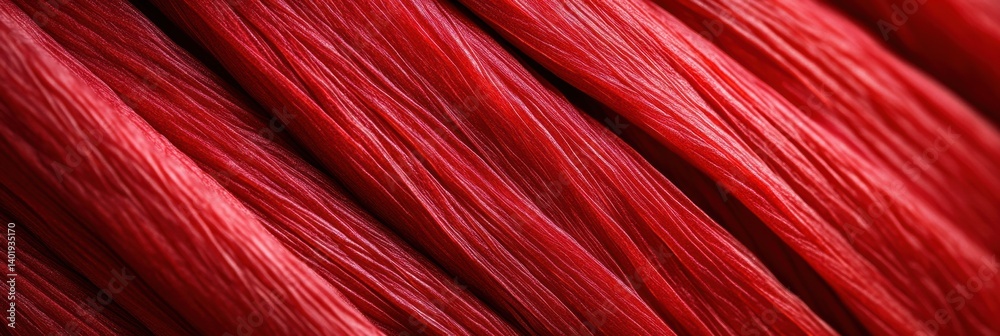 Poster close-up view of red muscle fibers showcasing intricate linear patterns and biological structure wit