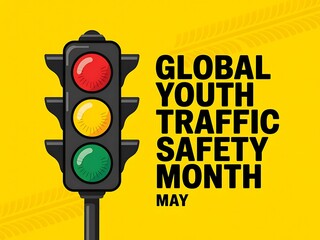 Global Youth Traffic Safety Month: A bright traffic light signals a safe May for young drivers and pedestrians, promoting responsible road behavior on a bold yellow background.
