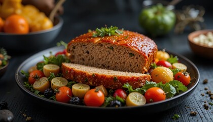 Savory meatloaf with fresh vegetables kitchen food photography rustic close-up culinary art