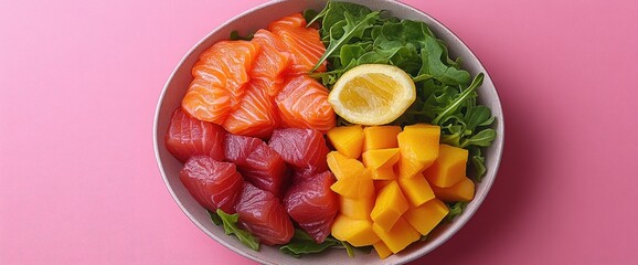Bowl with salmon, tuna, mango, lemon, and arugula on a pink backdrop, shot from above