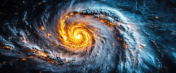 Swirling galaxy, dark blues and bright oranges. Energy emanating from the center. Celestial vortex