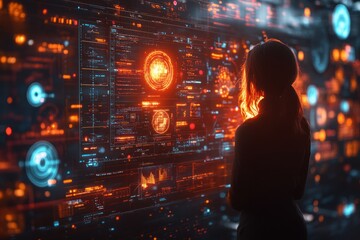 Woman observing futuristic holographic interface