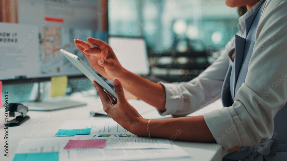 Poster tablet, hands and businessperson in office with reading for online review at magazine agency. resear