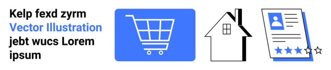 Blue shopping cart icon, black house outline, and profile card with four-star rating. Ideal for e-commerce, real estate, customer reviews, user ratings, online services, digital platforms simple