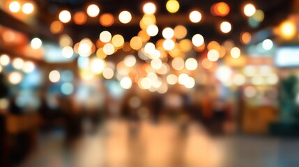 A blurred view of a bustling indoor marketplace at night.