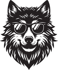 Obraz premium wolf head and sunglass vector illustration, wolf head and sunglass silhouette vector, wolf logo vector black on white background