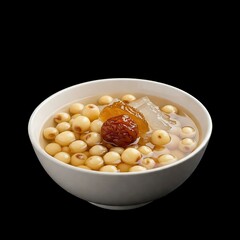  Vietnamese  che hat sen (lotus seed soup) with dried longan and rock sugar syrup, set against a black background. 