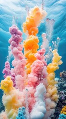 Colorful plumes of pastel shades rise in a swirling underwater spectacle, soft and mesmerizing