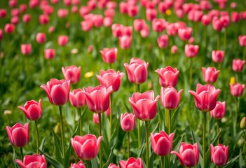 Fototapeta premium Vertical shot of vibrant pink tulips blooming in a lush spring meadow, field, vibrant