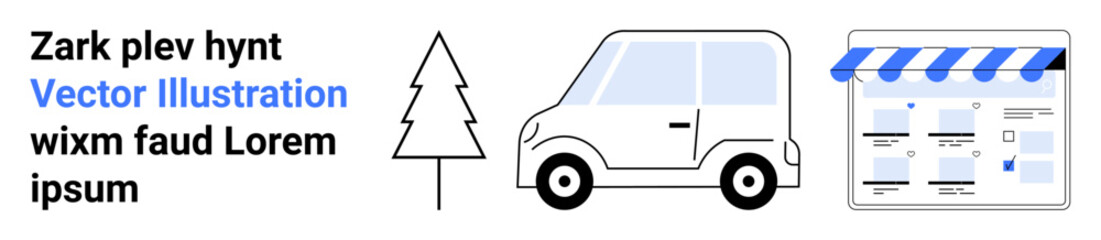 Tree silhouette, minimalistic car design, and storefront graphic with awning next to placeholder text. Ideal for online shopping, eco-friendly transport, retail, nature themes, urban planning