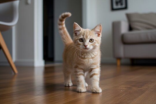 Playful orange kitten exploring a bright, modern living room filled with furniture and natural light during the day. Adorable cream tabby kitten, walking on hardwood floor, modern living room interior - Powered by Adobe