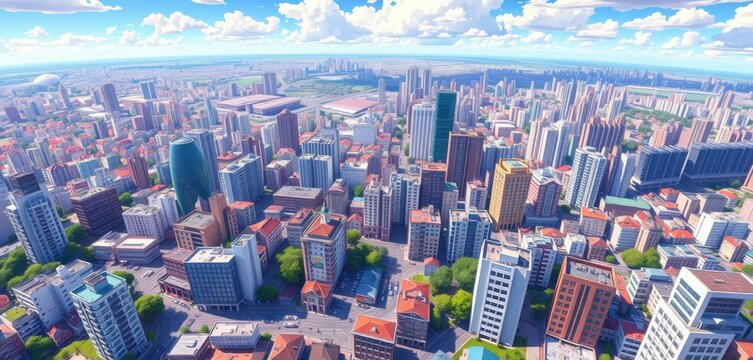 Vibrant anime-style city panorama from above; flat design, vivid colors, aesthetic, towers
