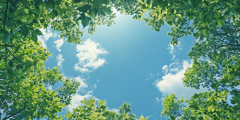 Looking up through lush green foliage at a vibrant blue sky with fluffy white clouds. The sunlight peeks through the leaves creating a bright and airy scene.