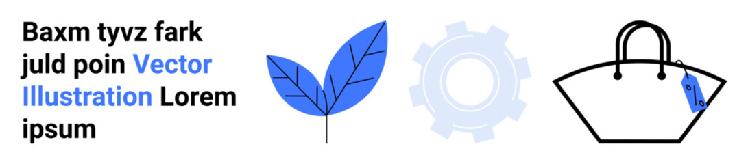 Blue leaf, gear symbol, and black handbag with blue tag. Ideal for sustainability, nature, technology, fashion, branding eco-awareness and online shopping. Suitable for flat landing page banner