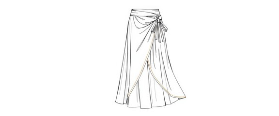 Flat sketch of wrap maxi skirt, technical drawing template; ample copy space,  technical flat,  womenswear