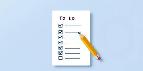 Flat style vector illustration of a to-do list page with checkmarks and a pencil icon, representing time and project management, checkmarks, reminder