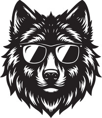 Obraz premium wolf head and sunglass vector illustration, wolf head and sunglass silhouette vector, wolf logo vector black on white background