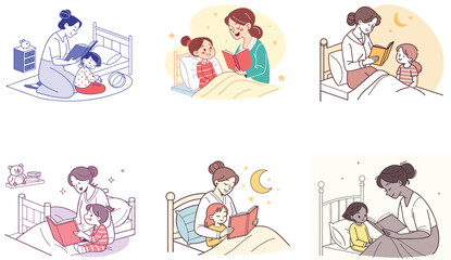 Flat Illustration of Family Bonding Moments with Mom, Dad, and Children.
