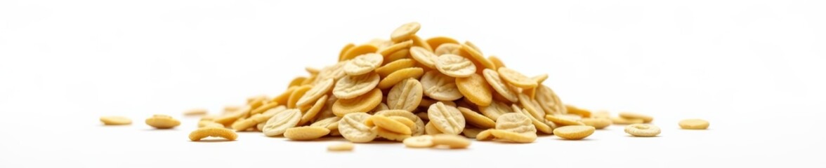Oat flakes in a pile on white background, organic breakfast cereal, top view, nutrition