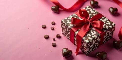 Overhead shot of chocolate gift set with space for custom note, festive, flat lay