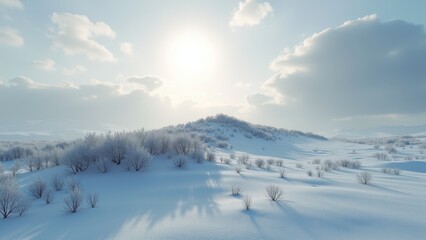 Snow covered hill with scattered trees under bright winter sunlight	