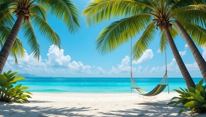 Secluded Hammock Paradise: A vibrant turquoise ocean meets a pristine white sandy beach framed by lush palm trees, with a colorful hammock gently swaying in the tropical breeze under a clear blue sky 