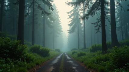 Forest path with morning sun rays shining through trees in quiet woodland	