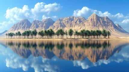 Oasis scene desert, mountains, palm trees, serene water reflection, sunny sky