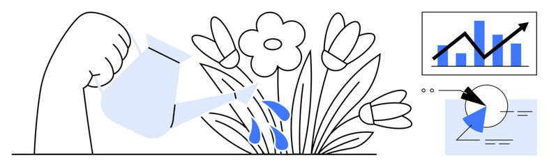 Fototapeta premium Hand pouring water onto blooming flowers next to analytics graphs. Ideal for growth, success, data, development, analysis, nurturing, and sustainability concepts. Flat simple metaphor