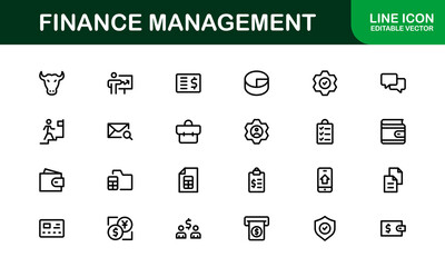 Modern Finance Management Icon Set Vector Illustration. Featuring Essential Symbols for Budgeting, Investments, and Financial Planning for Professional Designs.