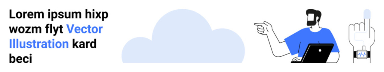 Man using laptop, pointing at cloud element, interactive hand gesture. Ideal for cloud technology, teamwork, productivity, innovation, IT support, modern tech flat landing page banner