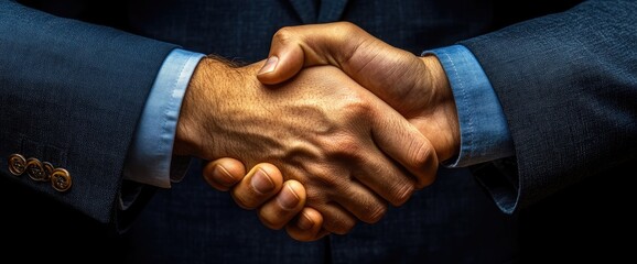 Handshake between two people in suits. Close-up of a firm, successful deal