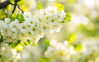 Obraz premium Stunning Spring Blossom Branch Closeup, Delicate White Flowers in Sunlight