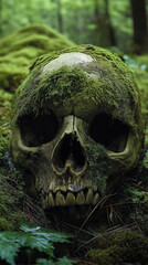 Close-up shot of a human skull heavily covered in vibrant green moss. The image exhibits a high degree of detail, showcasing the texture of both the bone and the moss.  The skull is predominantly in