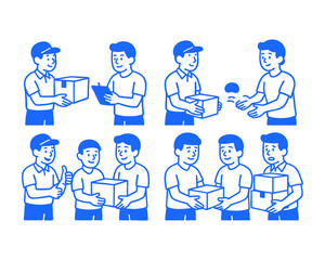 delivery man cardboard boxes customer doodle cartoon drawing vector illustration set with Varied Poses and Expressions

