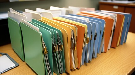 Colorful file folders filled with important documents on a wooden office desk.