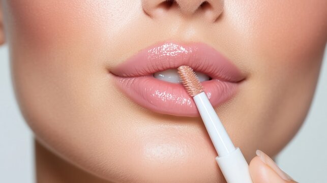 Close-up of a woman applying lip gloss in a well-lit setting, showcasing beauty techniques and cosmetic products