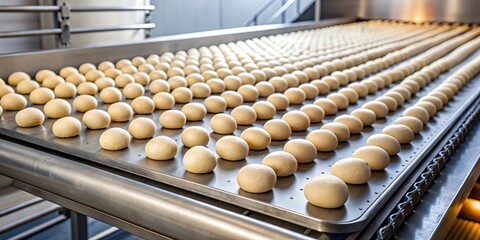 Raw dough balls on conveyor belt entering industrial oven, conveyor system operation, culinary industry workflow