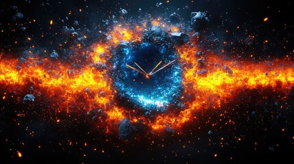 Clock surrounded by fire and explosion in the cosmos. Time ticking. Celestial event