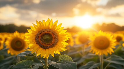 Obraz premium Sunflower field at sunset beautiful yellow flowers summer nature image
