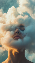 Close-up portrait of a woman's face partially obscured by a voluminous cloud of vapor or smoke. The image features soft focus and diffused lighting, creating a dreamy and ethereal atmosphere.  Pastel