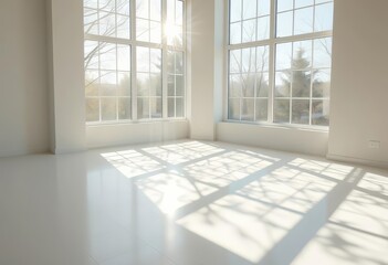 Fototapeta premium Sunlight casts dancing, dappled shadows on a white floor through a large window, pattern, light and shadow