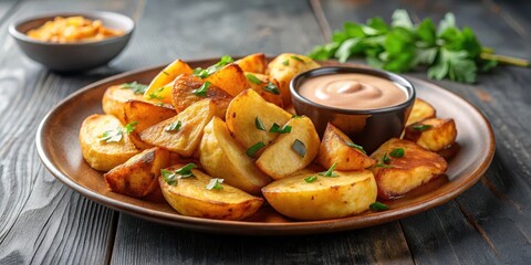 Crispy golden fried potatoes served on a plate with a side of tangy dipping sauce
