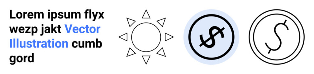 Sun with triangular rays, dollar coin, and stylized circular coin symbolizing wealth, innovation, sustainability, and investment. Ideal for finance, renewable energy, economy branding creativity