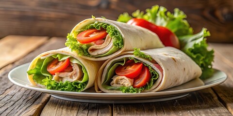 Crispy turkey wrap sandwich on a plate with lettuce and tomato slices, fresh lettuce, food wrap