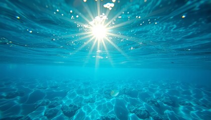 Sunlight refracting and scattering in clear ocean water, creating a shimmering effect, clarity, rays